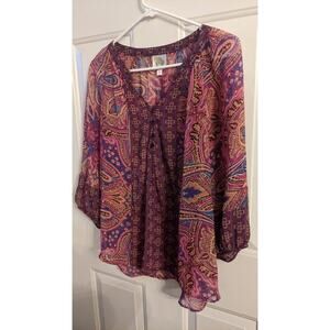 Fig & Flowers Sheer Y2K Colorful Flowy Top with Buttons, Medium, Long Sleeve